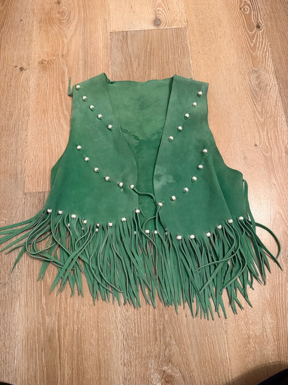 Green Suede Fringe Vest with Bead Detail
